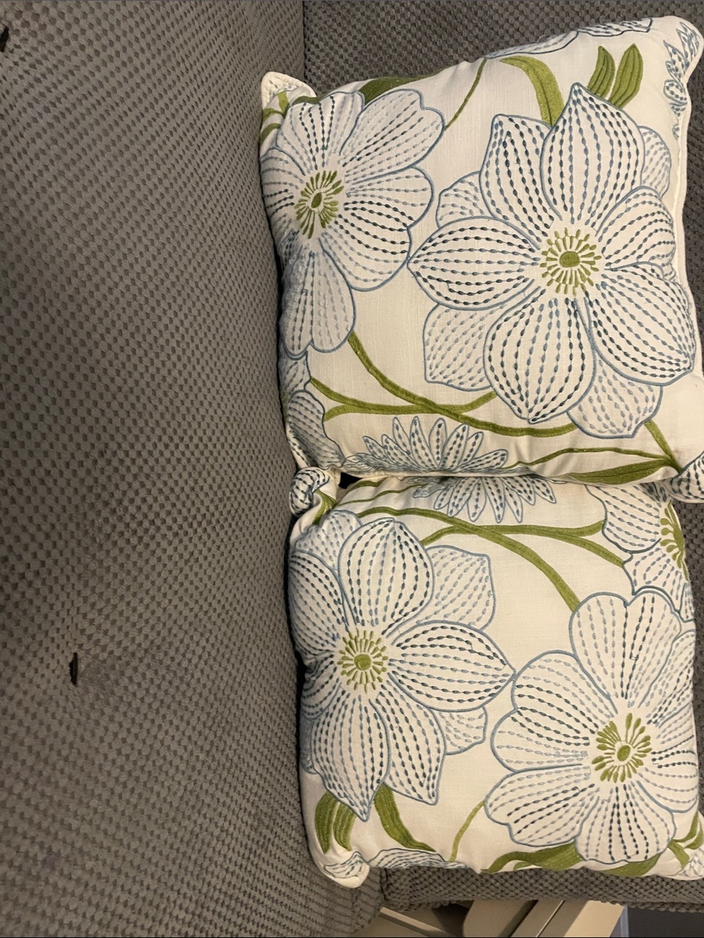 Pier 1 White Pillow Pair with Blue Floral and Green Stems